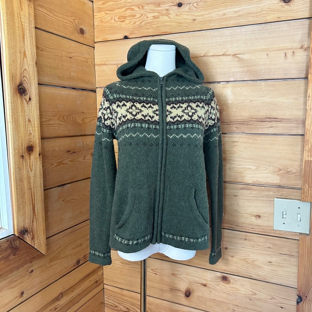 Vintage Fair Isle Hoodie Sweater Medium Green Wool Blend Nordic Gorpcore Spin